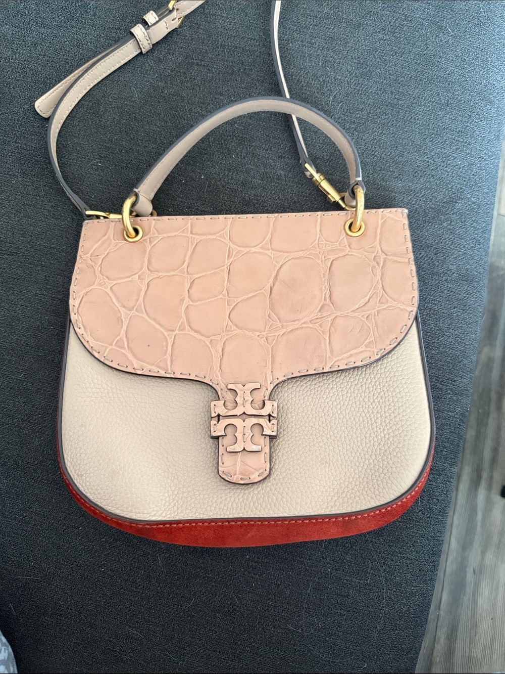 Tory Burch Pink, Cream & Red Colorblock Leather Crossbody Bag